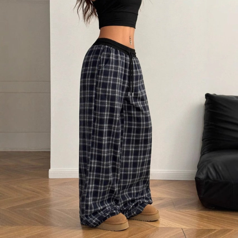 Black Plaid Wide Leg Lounge Pants with Drawstring for Women - Carmela