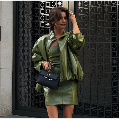 Women's Zip Up Leather Jacket | High Neck