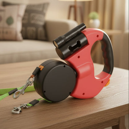 Einziehbare Leine für zwei Hunde mit integriertem Taschenlampe