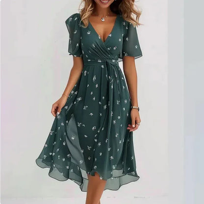 Damen Kurzarm Blumen Sommerkleid | Midi