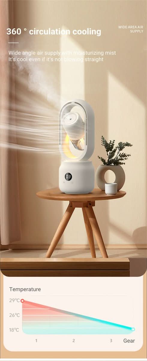 Tragbarer messerfreier Ventilator mit Luftbefeuchter und Nachtlicht für erfrischenden Komfort