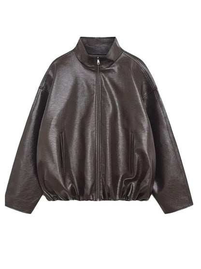 Women's Zip Up Leather Jacket | High Neck